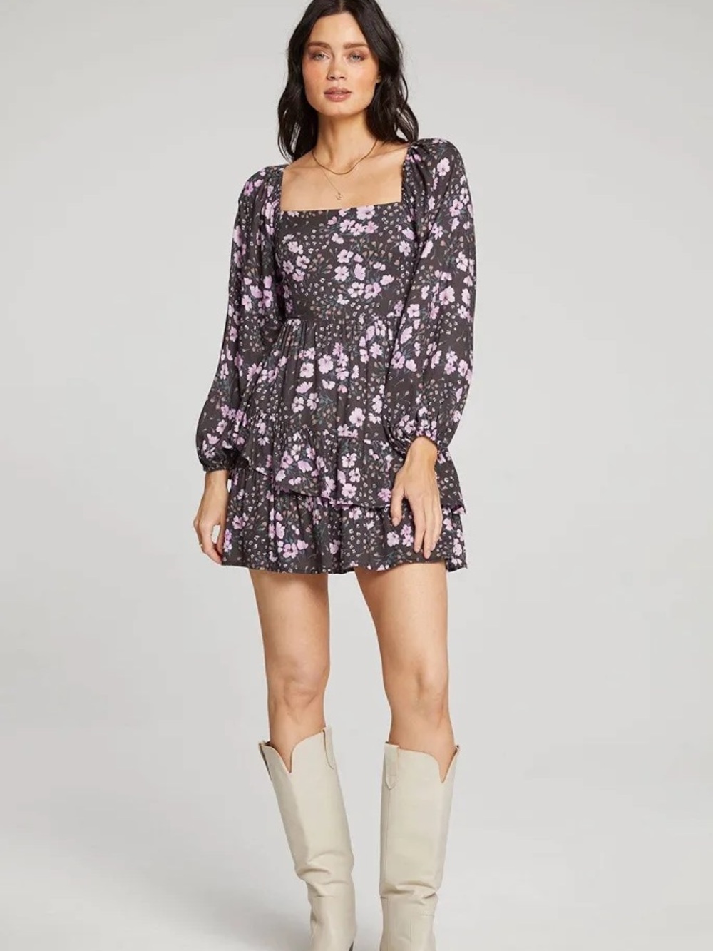 Saltwater Luxe Floral Long Sleeve Mini Dress - Black with Pink Floral